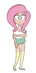 Size: 500x1000 | Tagged: safe, artist:scobionicle99, fluttershy, human, equestria girls, big breasts, breasts, cleavage, clothes, female, hairpin, hootershy, human coloration, lip bite, looking at you, miniskirt, shoes, simple background, skirt, socks, solo, tanktop, thigh highs, white background