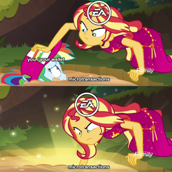 Size: 1080x1080 | Tagged: safe, edit, edited screencap, screencap, rainbow dash, sunset shimmer, better together, equestria girls, spring breakdown, caption, ea, electronic arts, exploitable meme, geode of empathy, image macro, magical geodes, meme, microtransactions, quicksand, quicksand meme, star wars battlefront, star wars battlefront 2, text, truth