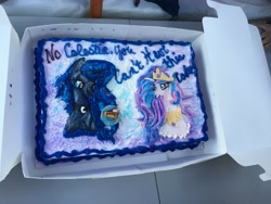 Size: 4032x3024 | Tagged: safe, princess celestia, princess luna, alicorn, pony, cake, cakelestia, food, joke, meta