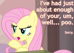 Size: 700x500 | Tagged: safe, edit, edited screencap, screencap, fluttershy, pegasus, pony, the cutie map, angry, apology, caption, image macro, meme, open mouth, reaction image, self-censorship, solo, table, unhappy