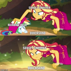 Size: 500x500 | Tagged: safe, edit, edited screencap, screencap, rainbow dash, sunset shimmer, better together, equestria girls, spring breakdown, captain obvious, exploitable meme, geode of empathy, magical geodes, meme, quicksand, quicksand meme, subverted meme, text