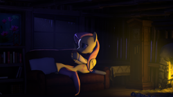 Size: 3000x1687 | Tagged: safe, artist:texas-doughnut, fluttershy, pegasus, pony, 3d, cup, dark, fireplace, home, on back, sofa, solo, source filmmaker, steam, winter