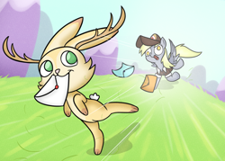 Size: 1506x1080 | Tagged: safe, artist:cookieboy011, derpy hooves, pegasus, pony, jackalope, letter, mailmare, running, youtube link in the description