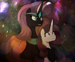 Size: 3175x2628 | Tagged: safe, artist:asika-aida, nightmare rarity, rarity, pony, unicorn, duality, duo, evil, good, lip bite, self ponidox, space, stars