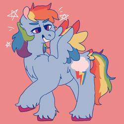 Size: 1000x1000 | Tagged: safe, artist:sodaaz, derpibooru import, rainbow dash, pegasus, pony, cheek fluff, chest fluff, ear fluff, februpony, hooves, leg fluff, raised hoof, red background, shoulder fluff, simple background, solo, stars, two toned wings, unshorn fetlocks