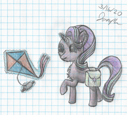 Size: 1664x1500 | Tagged: safe, artist:mlplayer dudez, starlight glimmer, pony, unicorn, bag, female, graph paper, kite, levitation, magic, magic aura, mare, saddle bag, solo, telekinesis, traditional art, walking