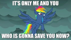 Size: 1280x720 | Tagged: safe, derpibooru import, edit, edited screencap, screencap, evil pie hater dash, rainbow dash, pegasus, pony, secrets and pies, caption, crossover, female, hooves, image macro, infinite (character), mare, meme, raised hoof, raised leg, solo, song reference, sonic forces, sonic the hedgehog (series), text