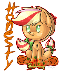 Size: 1024x1024 | Tagged: safe, artist:sinligereep, applejack, earth pony, pony, chibi, cute, key of honesty, keyblade, kingdom hearts, rainbow power, solo, underhoof