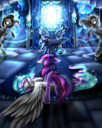 Size: 1200x1500 | Tagged: safe, artist:silverlunarscape, nightmare moon, princess celestia, twilight sparkle, alicorn, pony, epic, eyes closed, floppy ears, plot, protecting, spread wings, stained glass, statue, throne, throne room, unconscious, watermark