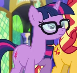 Size: 398x379 | Tagged: safe, screencap, sci-twi, sunset shimmer, twilight sparkle, unicorn, better together, equestria girls, spring breakdown, cropped, cutie mark, equestria girls ponified, female, glasses, mare, offscreen character, twilight's castle, unicorn sci-twi