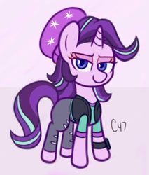 Size: 800x939 | Tagged: safe, artist:handgunboi, starlight glimmer, pony, unicorn, equestria girls, mirror magic, spoiler:eqg specials, beanie, equestria girls outfit, female, mare, pink background, simple background, solo, watch