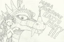 Size: 2257x1510 | Tagged: safe, artist:thegojirasaurus, pinkie pie, earth pony, kaiju, pony, anguirus, crossover, godzilla (series), monochrome, traditional art