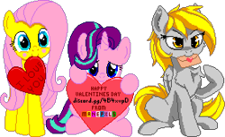 Size: 1116x684 | Tagged: safe, artist:anti1mozg, artist:comfydove, editor:cocoa bittersweet, derpy hooves, fluttershy, starlight glimmer, pegasus, pony, unicorn, blushing, cheek fluff, chest fluff, cute, ear fluff, envelope, female, heart, hearts and hooves day, holding, holiday, leg fluff, letter, looking at you, love letter, manepxls, mare, mouth hold, pixel art, pxls.space, shyabetes, simple background, sitting, smiling, text, transparent background, valentine's day