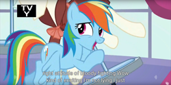 Size: 1920x950 | Tagged: safe, derpibooru import, screencap, rainbow dash, pegasus, pony, rarity investigates, mannequin, meme, youtube caption