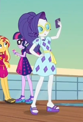 Size: 420x614 | Tagged: safe, screencap, rarity, sunset shimmer, twilight sparkle, equestria girls, equestria girls series, spring breakdown, spoiler:eqg series (season 2), cellphone, cropped, feet, female, legs, new outfit, one eye closed, phone, pose, sandals, selfie, smartphone, tongue out, wink