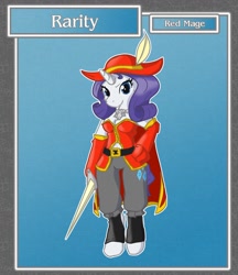 Size: 1108x1280 | Tagged: safe, artist:brownie-bytes, part of a set, rarity, anthro, unguligrade anthro, crossover, final fantasy, hat, rapier, red mage, solo, sword, weapon