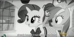 Size: 1900x950 | Tagged: safe, derpibooru import, screencap, rainbow dash, rarity, pegasus, pony, unicorn, rarity investigates, black and white, grayscale, meme, youtube caption