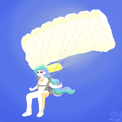 Size: 2500x2500 | Tagged: safe, alternate version, artist:phallen1, princess celestia, principal celestia, equestria girls, bright, clothes, jumpsuit, parachute, ponytail, recolor, skydiving, solo, summer sun celebration, sun, white