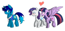 Size: 1800x869 | Tagged: safe, artist:nolycs, derpibooru import, rarity, twilight sparkle, twilight sparkle (alicorn), oc, oc:light shine, alicorn, pony, unicorn, bedroom eyes, blushing, canon x oc, clothes, commission, female, floppy ears, frown, heart, hoodie, looking back, male, mare, raised hoof, raised leg, smiling, spread wings, straight, wingboner