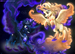 Size: 1800x1300 | Tagged: safe, artist:chantylii, princess celestia, princess luna, oc, oc:king cosmos, oc:queen galaxia, alicorn, pony, alicorn oc, galamos, parent