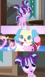 Size: 864x1455 | Tagged: safe, artist:mega-poneo, edit, edited screencap, screencap, starlight glimmer, dog, pony, unicorn, the cutie re-mark, uncommon bond, comic, crossover, female, filly, filly starlight glimmer, heart, jewelpet, mare, mega poneo strikes again, sanrio, sapphie, screencap comic, sega, teapot, younger