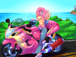 Size: 1024x768 | Tagged: safe, artist:f-nar, fluttershy, human, belly button, breasts, feet, female, helmet, hootershy, humanized, midriff, motorcycle, motorcycle helmet, solo, toes