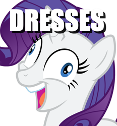 Size: 2218x2393 | Tagged: safe, rarity, pony, unicorn, caption, clothes, derp, dress, exploitable meme, i didn't listen, image macro, meme, open mouth, rariderp, simple background, smiling, solo, that pony sure does love dresses, white background