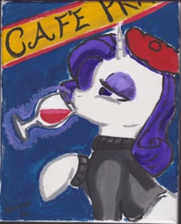 Size: 4840x5984 | Tagged: safe, artist:titankore, rarity, pony, unicorn, absurd resolution, alcohol, beatnik rarity, beret, cafe, clothes, glass, hat, painting, solo, sweater, watercolor painting, wine