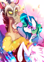 Size: 1358x1920 | Tagged: safe, artist:rariedash, discord, princess celestia, alicorn, pony, dislestia, eye contact, female, male, raised hoof, shipping, straight