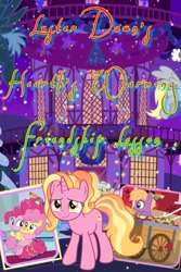 Size: 1023x1529 | Tagged: safe, derpy hooves, li'l cheese, luster dawn, pinkie pie, earth pony, pony, unicorn, best gift ever, the last problem, apple, cart, colt, fanfic, fanfic art, fanfic cover, female, food, hearth's warming, male, mare, older, older pinkie pie, winter