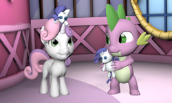 Size: 1800x1080 | Tagged: safe, artist:pika-robo, rarity, spike, sweetie belle, dragon, pony, unicorn, 3d, cute, rarity plushie, smiling, source filmmaker