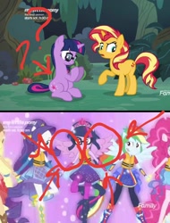 Size: 1104x1450 | Tagged: safe, screencap, applejack, pinkie pie, rainbow dash, rarity, sci-twi, sunset shimmer, twilight sparkle, unicorn, better together, equestria girls, spring breakdown, comparison, equestria girls ponified, scitwilicorn, unicorn sci-twi