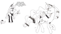 Size: 1287x720 | Tagged: safe, artist:saturdaymorningproj, princess celestia, princess luna, alicorn, pony, dialogue, eyes closed, frown, jewelry, monochrome, regalia, simple background, tongue out, white background, yelling