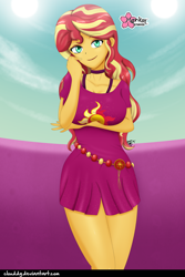 Size: 1000x1501 | Tagged: safe, artist:clouddg, sunset shimmer, better together, equestria girls, spring breakdown, boat, breasts, clothes, cruise, dress, female, geode of empathy, looking at you, magical geodes, sexy, skirt, smiling, solo