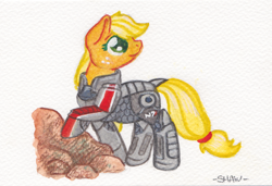 Size: 864x590 | Tagged: safe, artist:pa-kalsha, applejack, earth pony, pony, armor, commander shepard, crossover, mass effect, n7 armor, solo, traditional art, watercolor painting