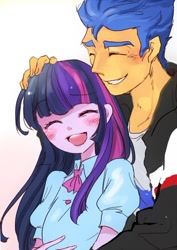 Size: 378x535 | Tagged: safe, artist:pasikon, derpibooru import, flash sentry, twilight sparkle, equestria girls, blushing, cute, daaaaaaaaaaaw, diasentres, female, flash hunktry, flashlight, happy, hug, male, pixiv, shipping, straight, twiabetes, unfortunately cute