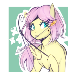 Size: 839x886 | Tagged: safe, artist:beaty, fluttershy, pegasus, pony, alternate hairstyle, arrow, blood, bow (weapon), bow and arrow, solo, weapon