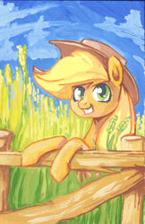 Size: 797x1231 | Tagged: safe, artist:lexx2dot0, applejack, earth pony, pony, bipedal leaning, fence, gouache, smiling, solo, traditional art