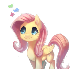 Size: 1091x983 | Tagged: safe, artist:siffou, fluttershy, butterfly, pegasus, pony, female, mare, simple background, smiling, solo, transparent background