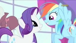 Size: 1136x640 | Tagged: safe, derpibooru import, screencap, rainbow dash, rarity, pegasus, pony, unicorn, rarity investigates, eye contact