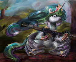Size: 1840x1500 | Tagged: safe, artist:toisanemoif, princess celestia, alicorn, pony, angry, badass, holding, looking at you, mean, rocket launcher, rpg (weapon), rpg-7, sitting, solo, start running, weapon