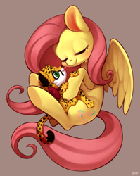 Size: 1432x1800 | Tagged: safe, artist:ciciya, fluttershy, cheetah, pegasus, pony, animal, blushing, crying, cuddling, cute, eyes closed, featured on derpibooru, female, happy, hug, licking, mare, shyabetes, smiling, snuggling, solo, teary eyes, tongue out, underhoof