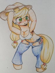 Size: 768x1024 | Tagged: safe, artist:yajima, applejack, anthro, applerack, arm hooves, breasts, female, solo