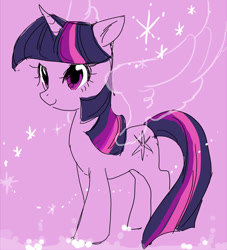 Size: 495x546 | Tagged: safe, artist:pasikon, derpibooru import, twilight sparkle, pony, female, looking at you, mare, pixiv, purple background, simple background, smiling, solo, transparent wings