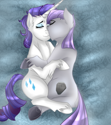 Size: 800x900 | Tagged: safe, artist:anxiousshadowpetals, maud pie, rarity, earth pony, pony, unicorn, cuddling, eyes closed, female, lesbian, mare, rarimaud, shipping, snuggling, unshorn fetlocks