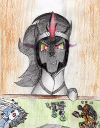 Size: 2397x3058 | Tagged: safe, artist:40kponyguy, derpibooru exclusive, derpibooru import, king sombra, pony, unicorn, angron, angry, autocannon, bolter, chainaxe, colored pencil drawing, dice, dual wield, figurine, gaming miniature, looking at you, male, miniature, predator tank, primarch, solo, space marine, stallion, tank (vehicle), traditional art, warhammer (game), warhammer 30k, warhammer 40k, world eaters