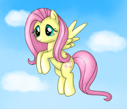 Size: 699x599 | Tagged: safe, artist:tamabelle, fluttershy, pegasus, pony, cloud, cloudy, cute, flying, smiling, solo