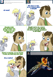 Size: 1562x2254 | Tagged: safe, artist:jitterbugjive, derpy hooves, doctor whooves, pegasus, pony, ask, blushing, explosion, female, hug, lovestruck derpy, mare, spaceship, tumblr