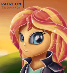 Size: 2000x2174 | Tagged: safe, artist:theunconsistentone, sunset shimmer, human, equestria girls, bust, clothes, eye shimmer, female, jacket, looking at you, patreon, patreon logo, portrait, smiling, solo, sunset, sunshine shimmer