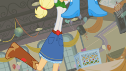 Size: 1920x1080 | Tagged: safe, screencap, applejack, pinkie pie, equestria girls, equestria girls (movie), apple cider, balloon, basketball net, boots, great moments in animation, high heel boots, long, smear frame, stretching, wat